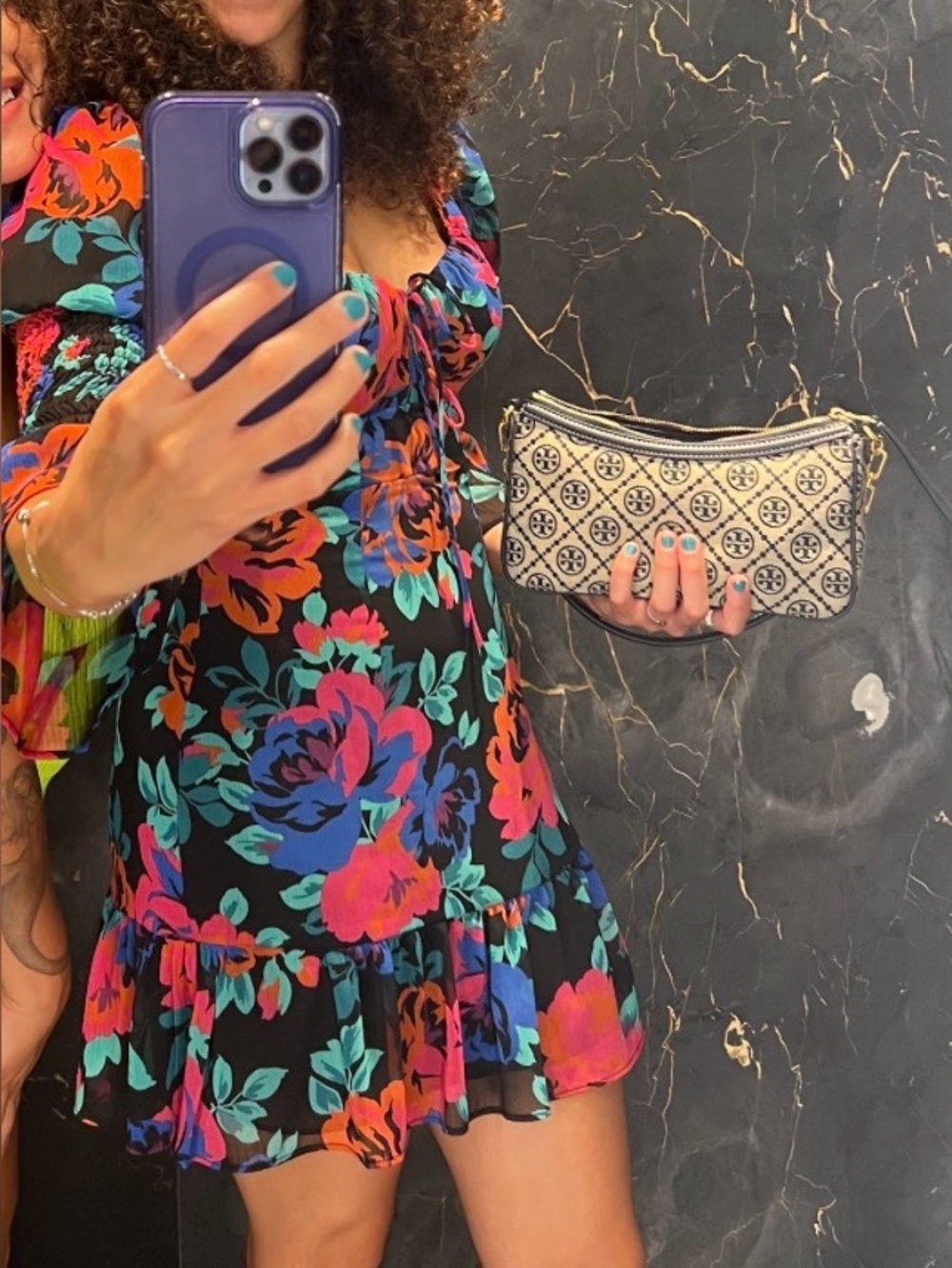Bershka Floral Puff-Sleeve womens Dress - Black with Pink & Teal Flowers